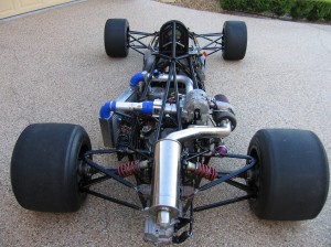 Rear view of car with most of the major components fitted